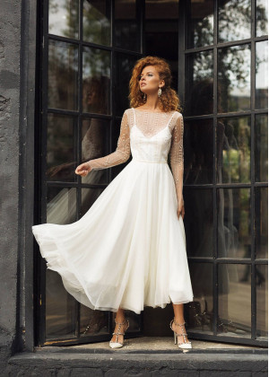 Gold Lace Ivory Tulle Tea Length Wedding Dress